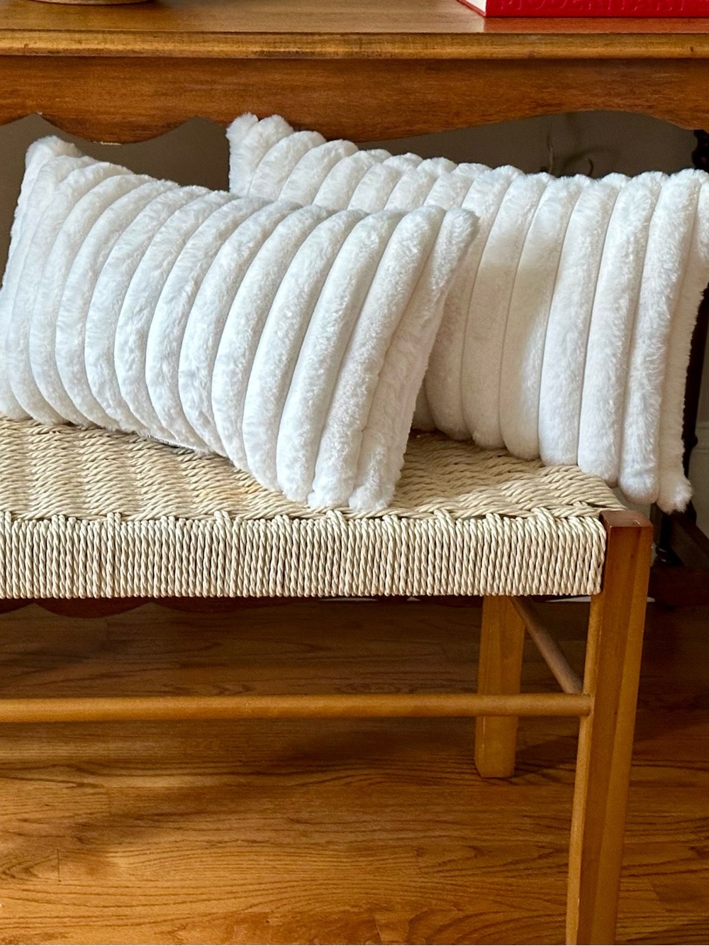 2 Faux Fur Lumbar Pillows 18 X 12”, Cream Double-Sided Throw Pillows Cozy